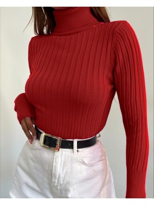 Balıkçı Yaka Fitilli Triko Kazak -Kırmızı