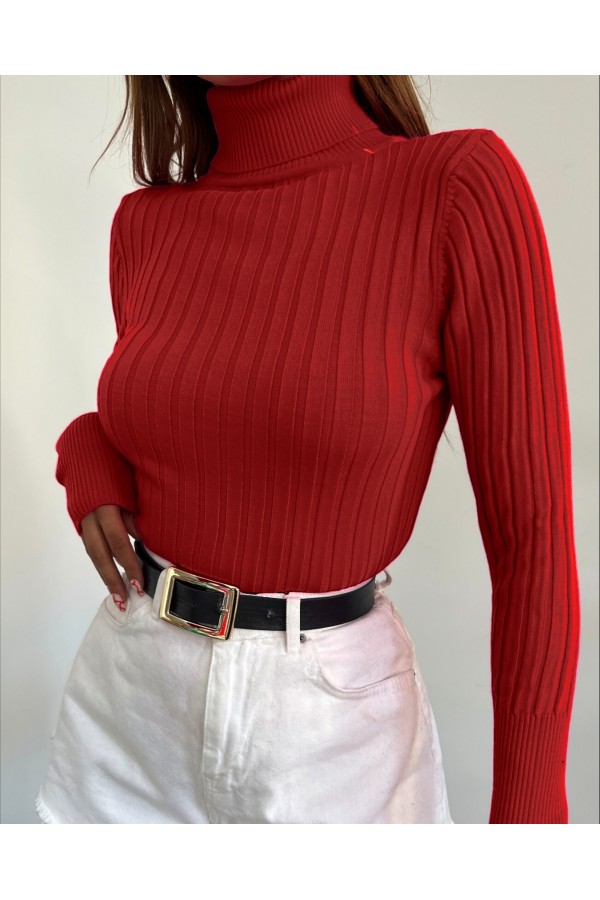 Turtleneck Corduroy Knitwear Sweater -Red