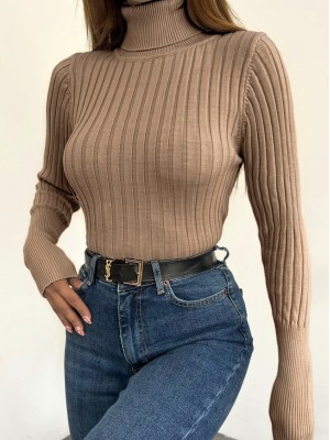 Balıkçı Yaka Fitilli Triko Kazak -Vizon