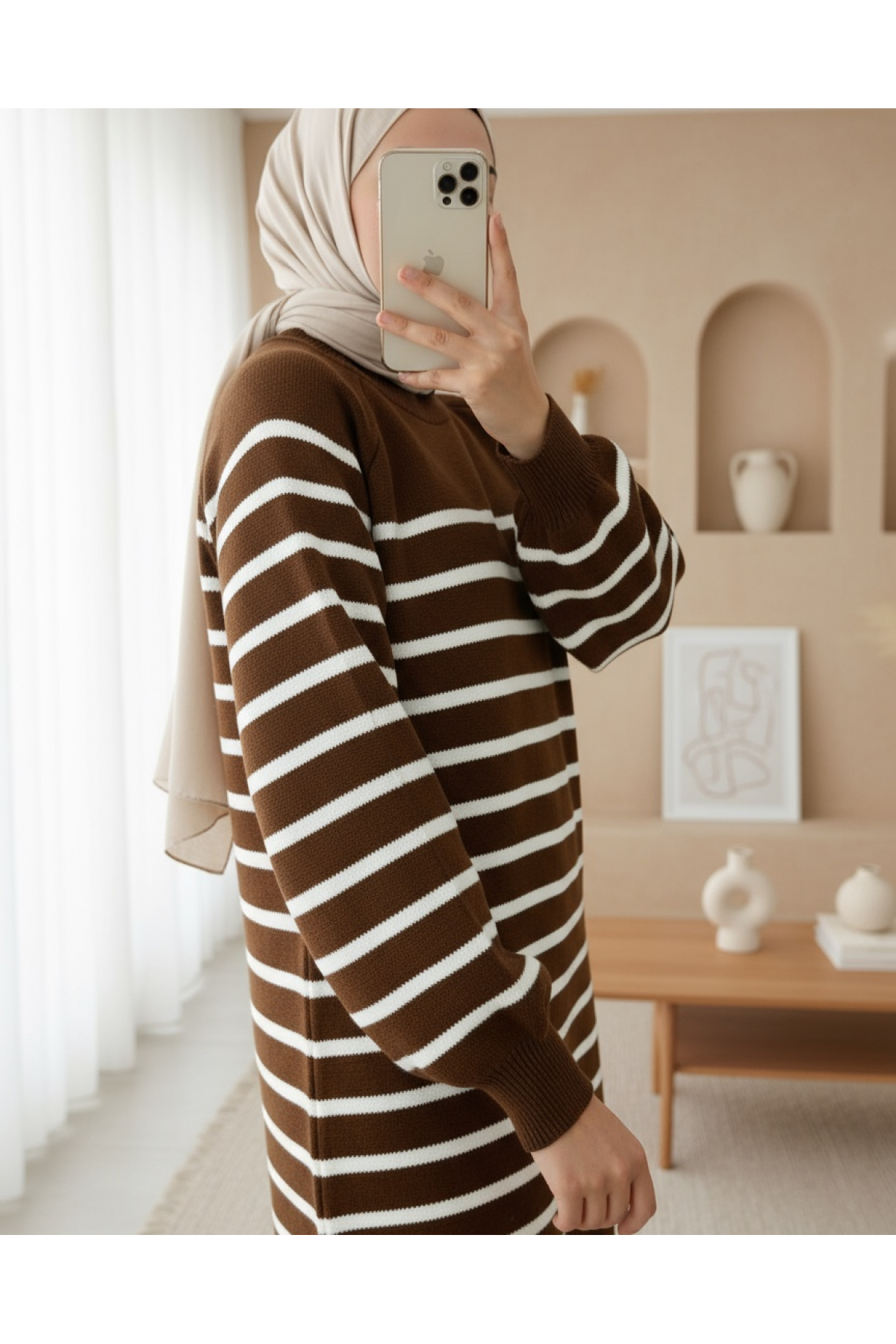 Plain Half-Neck Knitwear Tunic -Brown