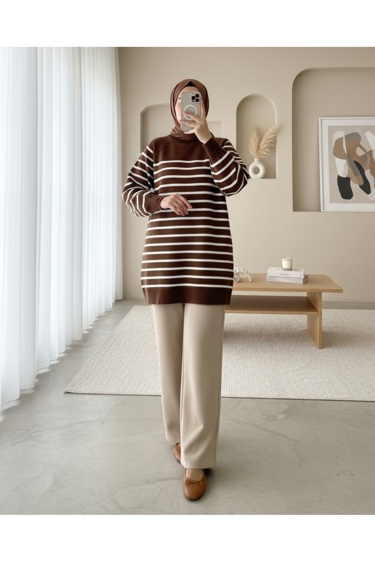 Plain Half-Neck Knitwear Tunic -Brown