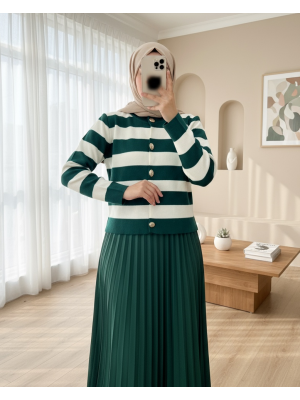 Dik Yaka Çizgili Düğmeli Triko Hırka -Zümrüt