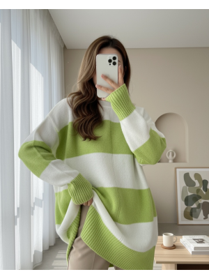 Kalın Çizgili Triko Tunik -F.Yeşili