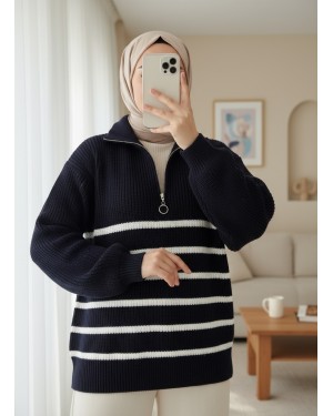 Half Zipper Side Striped Knitwear Sweater  -Navy blue
