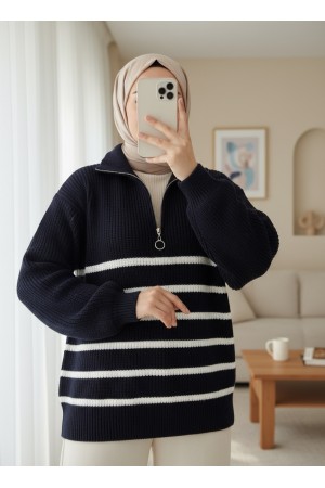 Half Zipper Side Striped Knitwear Sweater  -Navy blue