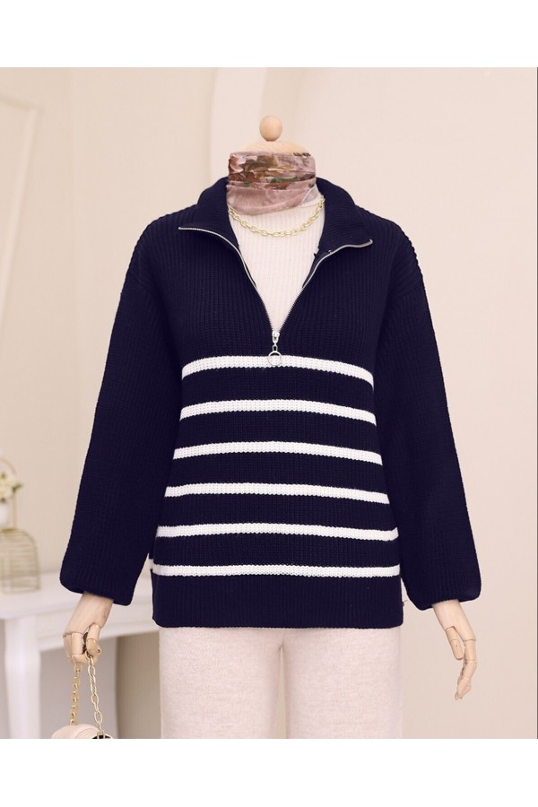 Half Zipper Side Striped Knitwear Sweater  -Navy blue