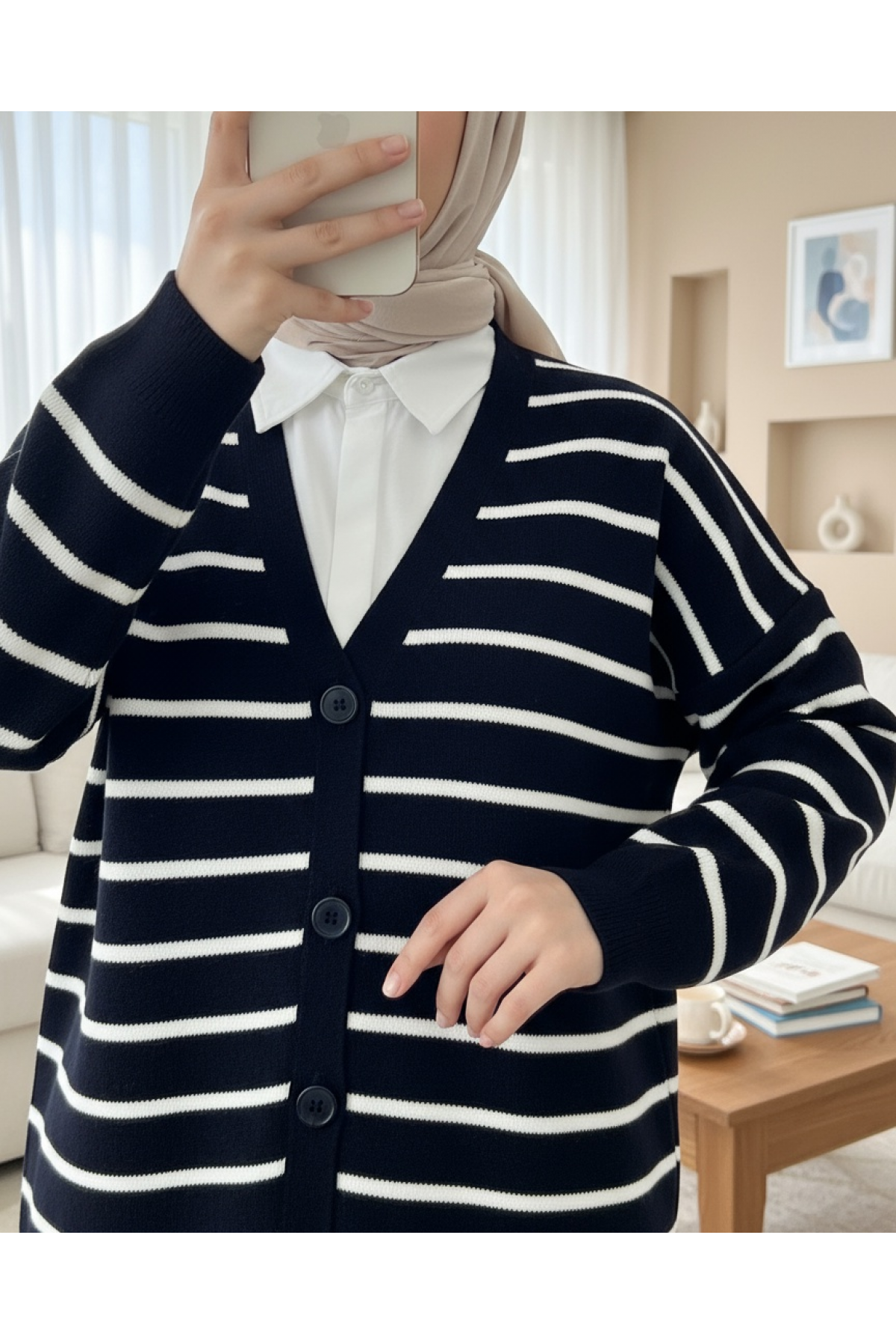 Striped Buttoned V -Navy blue
