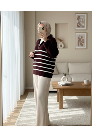 سترة تريكو مخططة من الجانب بسحاب نصف   -بوردو