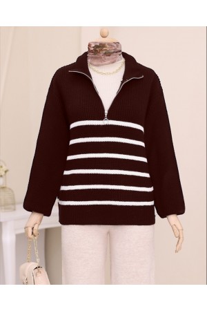سترة تريكو مخططة من الجانب بسحاب نصف   -بوردو