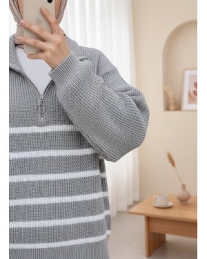 Half Zipper Side Striped Knitwear Sweater   -Grey