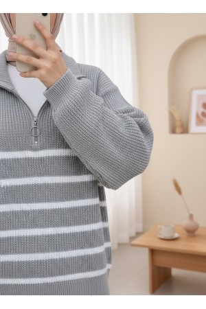 Half Zipper Side Striped Knitwear Sweater   -Grey