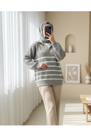 سترة تريكو مخططة من الجانب بسحاب نصف   -اللون الرمادي