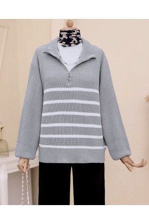 سترة تريكو مخططة من الجانب بسحاب نصف   -اللون الرمادي