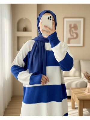 Kalın Çizgili Triko Tunik  -Saks