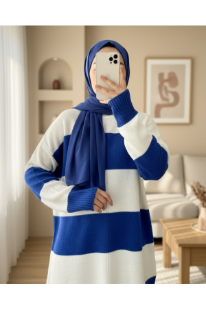 سترة تريكو مخططة سميكة  -أزرق شامي