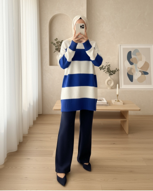 Kalın Çizgili Triko Tunik  -Saks