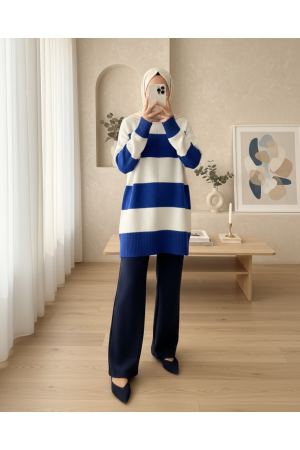 Thick Striped Knitwear Tunic  -Saxe 