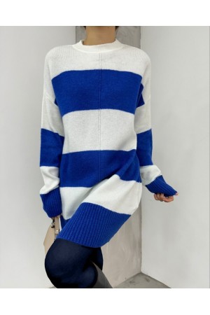 سترة تريكو مخططة سميكة  -أزرق شامي