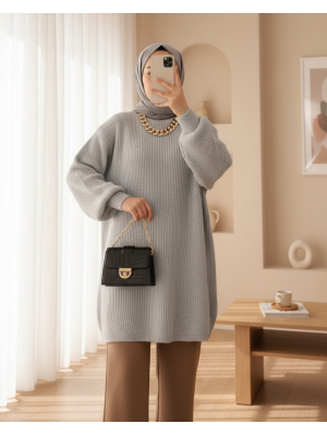 Balon Kol Yumoş Örme Triko Tunik  -Gri