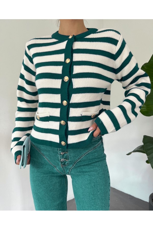 Round Neck Striped Pocket Detailed Cardigan  -Emerald