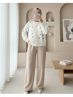 Embroidered Three-Button Waist Length Cardigan -Ecru