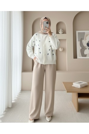 Nakışlı Üç Düğmeli Bel Boy Hırka -Ekru