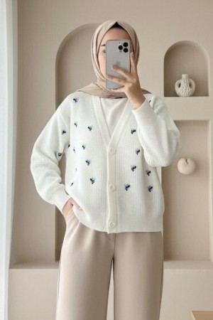 Embroidered Three-Button Waist Length Cardigan -Ecru