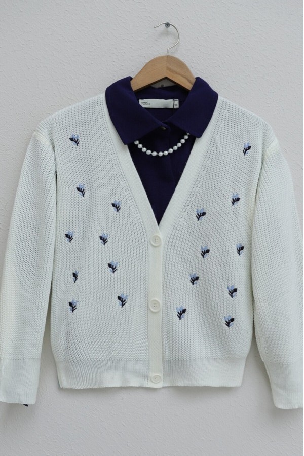 Embroidered Three-Button Waist Length Cardigan -Ecru
