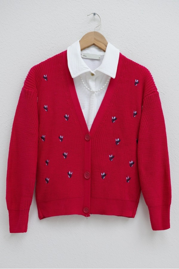 Embroidered Three-Button Waist Length Cardigan -Fuchsia