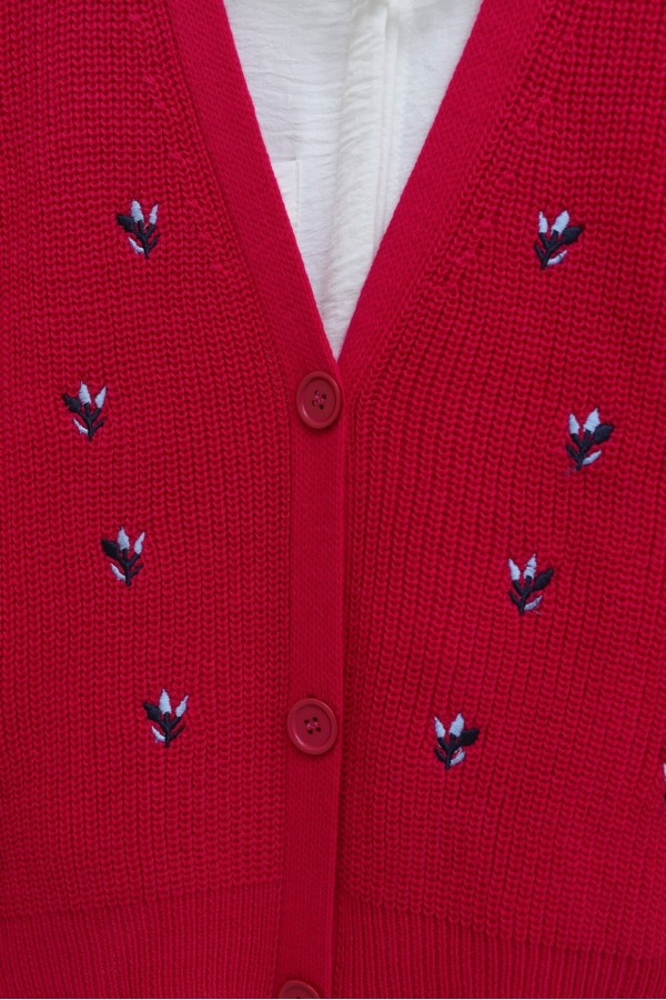 Embroidered Three-Button Waist Length Cardigan -Fuchsia