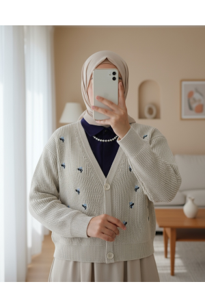 Nakışlı Üç Düğmeli Bel Boy Hırka -Taş