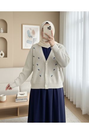 Nakışlı Üç Düğmeli Bel Boy Hırka -Taş