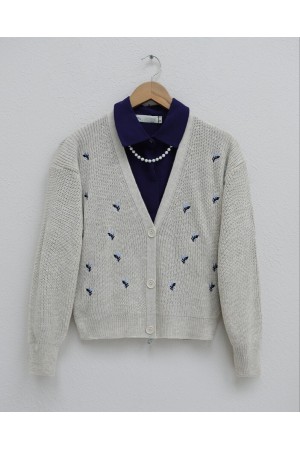 Nakışlı Üç Düğmeli Bel Boy Hırka -Taş