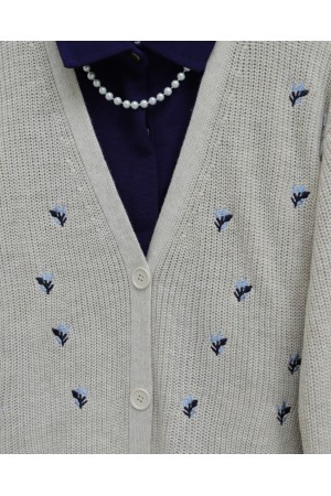 Nakışlı Üç Düğmeli Bel Boy Hırka -Taş