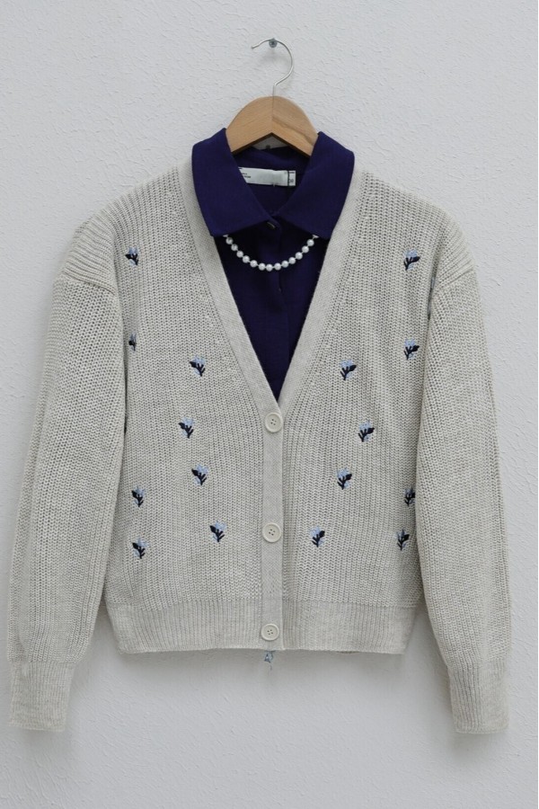 Embroidered Three-Button Waist Length Cardigan -Stone