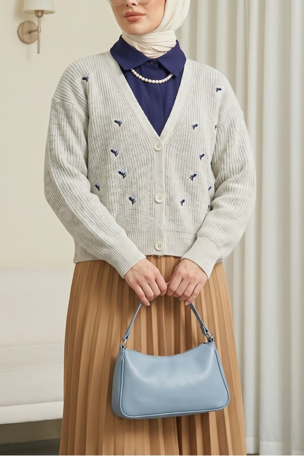 Embroidered Three-Button Waist Length Cardigan -Stone