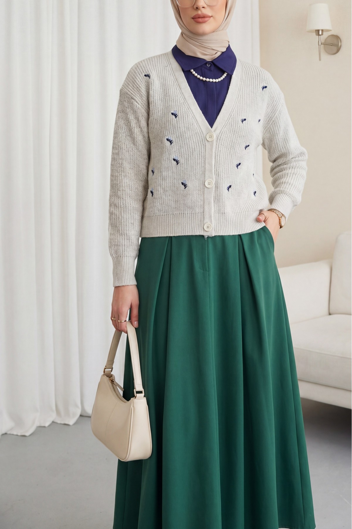 Embroidered Three-Button Waist Length Cardigan -Stone
