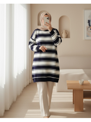 Thick Striped Loose Knitwear Tunic -Navy blue