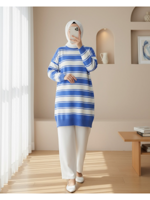 Thick Striped Loose Knitwear Tunic -Blue