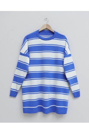 Kalın Çizgili Salaş Triko Tunik -Mavi