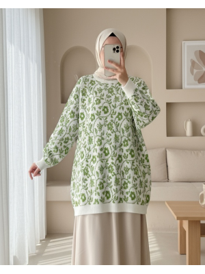 Çiçek Desenli Yuvarlak Yaka Triko Tunik  -F.Yeşili