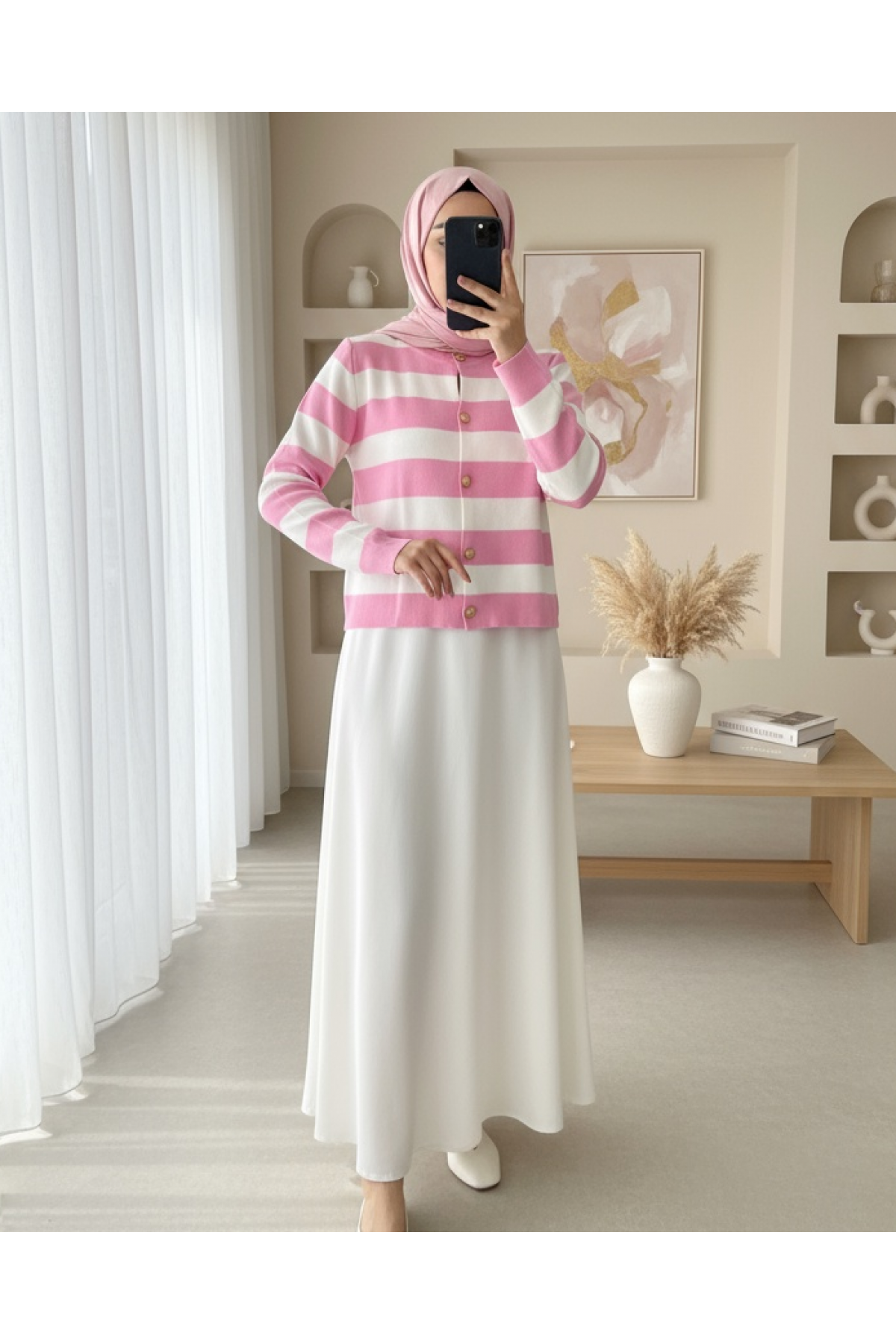 Ringelli Metal Düğmeli Kısa Hırka -Pembe
