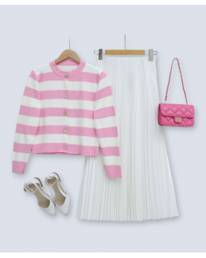 High Collar Striped Buttoned Knitted Cardigan -Pink