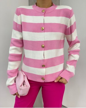 High Collar Striped Buttoned Knitted Cardigan -Pink