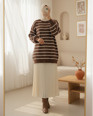 Crew Neck Ribbed Knitwear Tunic -Brown