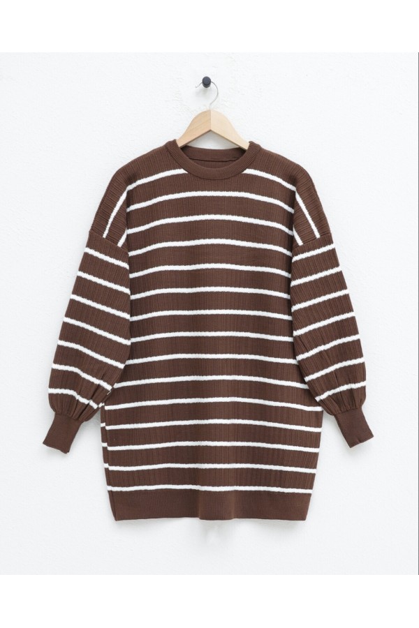 Crew Neck Ribbed Knitwear Tunic -Brown