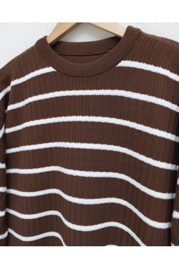 Crew Neck Ribbed Knitwear Tunic -Brown
