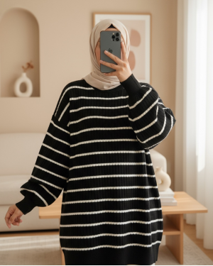 Crew Neck Ribbed Knitwear Tunic -Black