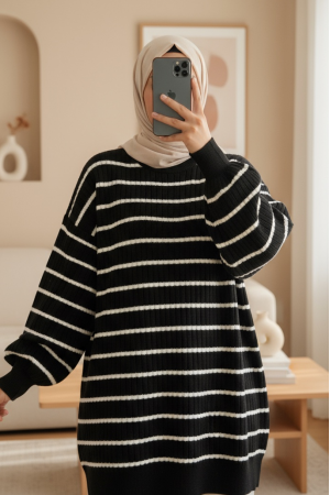 Bisiklet Yaka Fitilli Triko Tunik -Siyah