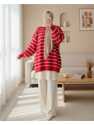 Bisiklet Yaka Fitilli Triko Tunik  -Fuşya